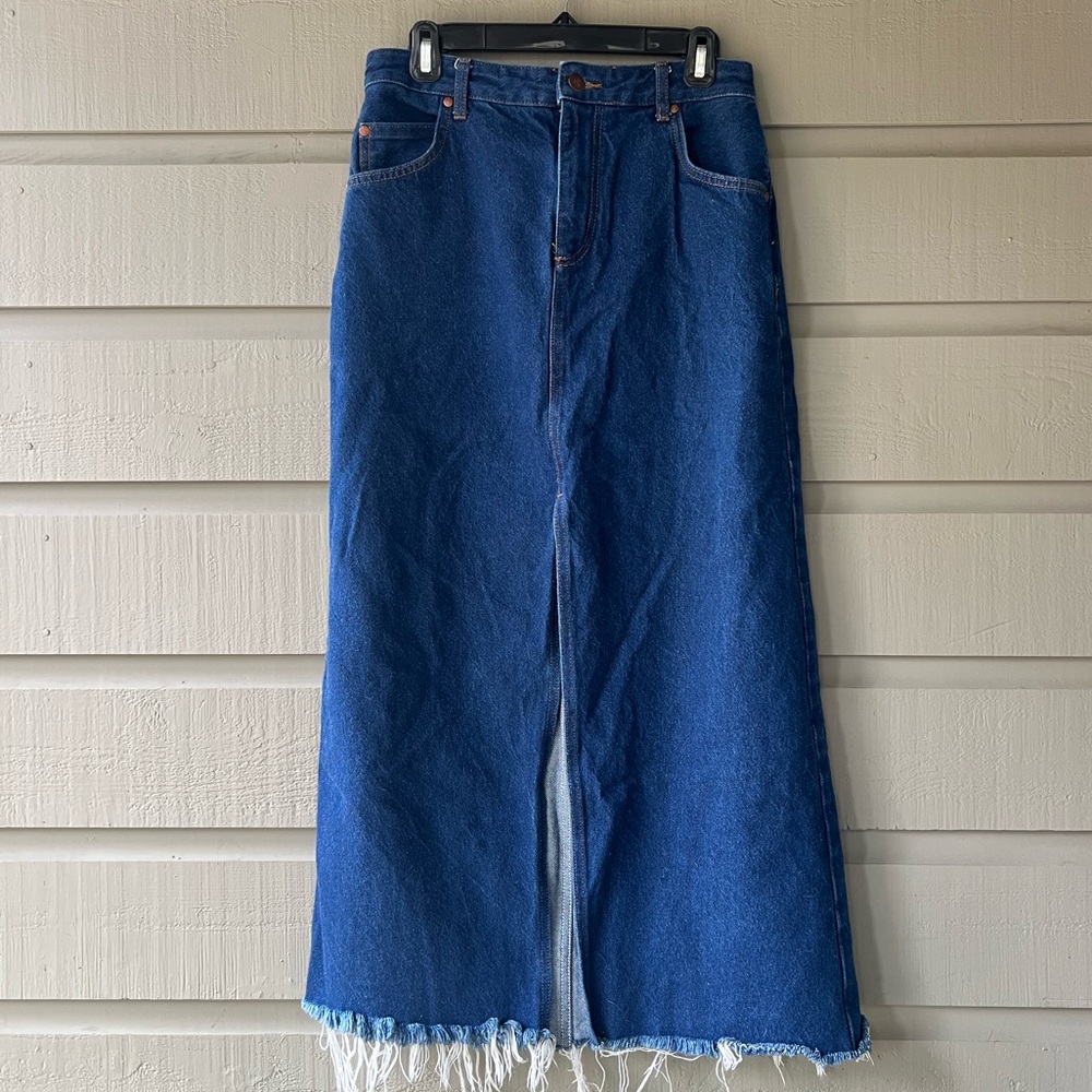 Madewell Blue Denim Maxi Skirt with Frayed Hem and Front Slit